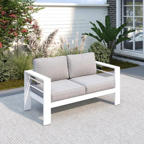 Vista 48 de Solaste Sofá de aluminio para patio con mesa auxiliar, juego de 3 muebles de patio con cojines, sofá de exterior para todo tipo de clima