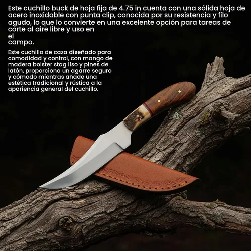 Vista 4 de SZCO - Cuchillo de caza de espiga completa de 7.25 pulgadas, cuchillo de campamento con mango de madera/ciervo, hoja y funda de acero inoxidable
