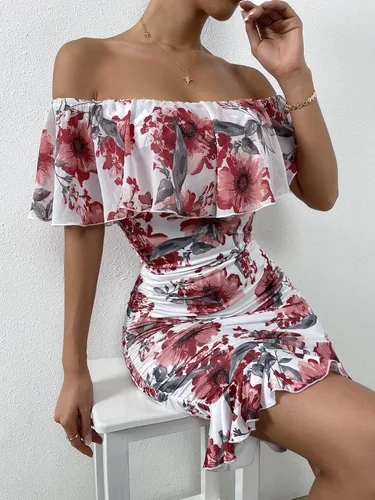 Vista 4 de Vestidos para mujer, vestidos para mujer, vestidos con estampado floral, hombros descubiertos, ribete con volantes, vestidos ajustados
