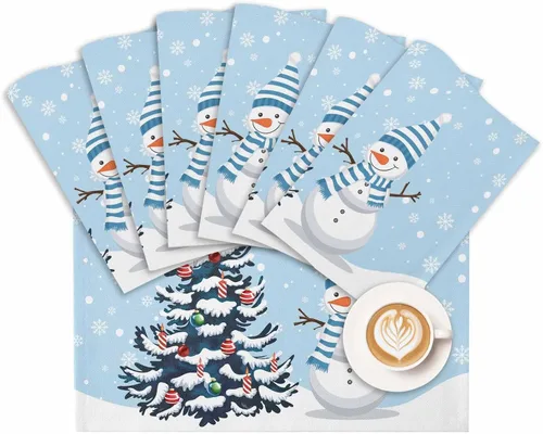 Vista 8 de Juego de 6 manteles individuales de Navidad, muñeco de nieve, copo de nieve, árbol de Navidad, resistentes al calor, para mesa de comedor, lino