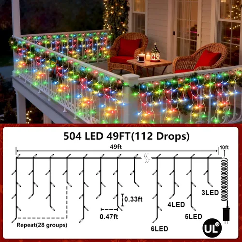 Vista 8 de 504 luces LED para dormitorio, luces de ventana de Navidad de 50 pies con 112 caídas, 12 modos, luces de cortina regulables, tira de luces