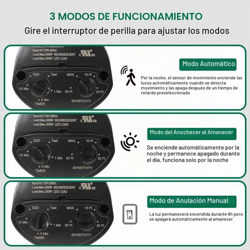 Vista 2 de Sensor de movimiento, detector de movimiento de repuesto de 180 grados, tiempo ajustable y sensibilidad de detección de hasta 60 pies, 3 modos