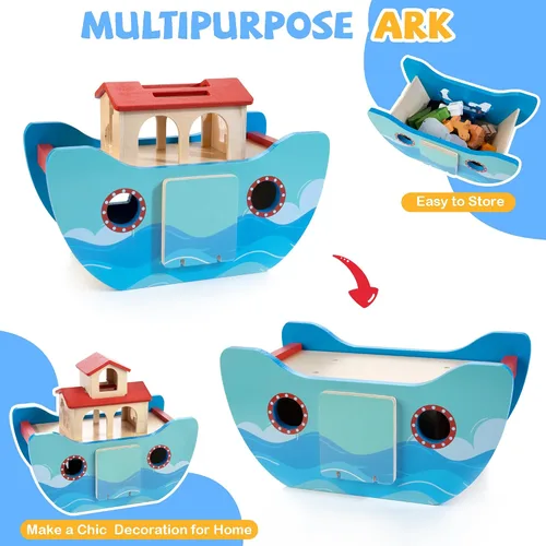 Vista 5 de JUSTWOOD Juego de Juguetes de Animales del Arca de Noé de Madera, Juguetes de Historia Bíblica Regalo de Bautismo para Niños y Niñas de 1+ Años