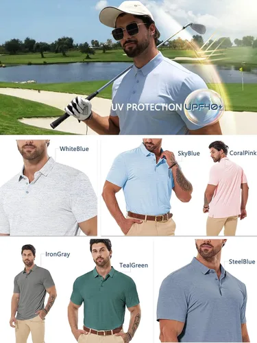 Vista 5 de Camisa de golf Dry Fit para hombre, manga corta, absorbe la humedad, sin costuras, sensación de enfriamiento UPF 40+