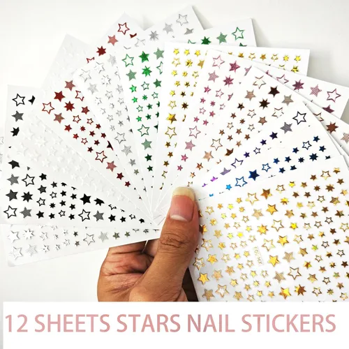 Vista 2 de Calcomanías de uñas de estrella, 12 hojas de calcomanías de estrella de uñas 3D para arte de uñas, decoración de uñas de estrella colorida