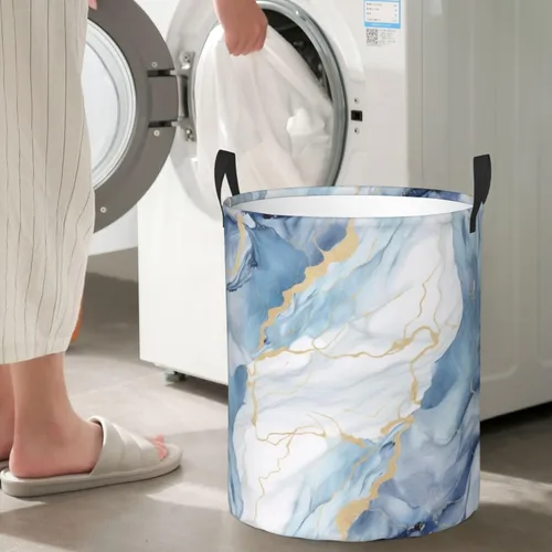 Vista 7 de Cesta circular con estampado de mármol blanco y azul, impermeable, cesta organizadora de lavandería, con asas, para ropa, juguetes, pequeña