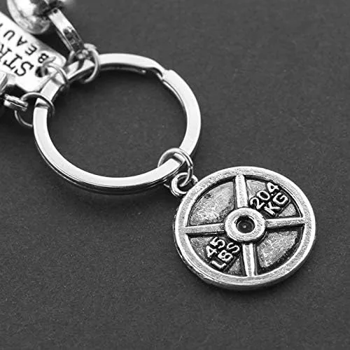Vista 4 de Llavero de gimnasio de fitness con citas, placa de pesas y pesas rusas para ejercicio fuerte es hermoso, llavero colgante de regalo para papá