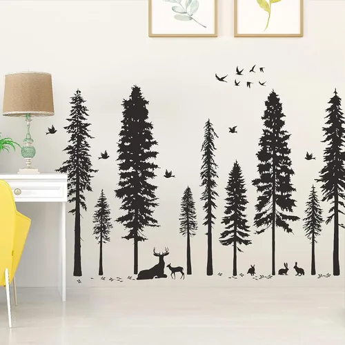 Vista 3 de Vinilo adhesivo de pared de pino, 9 árboles, ciervos, pájaros, conejos, bosques y naturaleza, removible de vinilo negro de alta calidad para niños