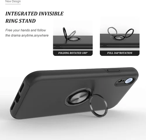 Vista 7 de Funda compatible con iPhone XR con protector de pantalla de vidrio templado para hombres, funda protectora ligera 2 en 1 con soporte de anillo
