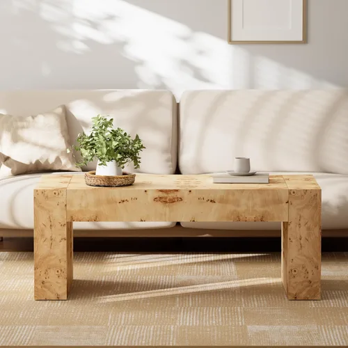 Vista 6 de COZAYH Mesa de café moderna de madera con acabado en buril, patas gruesas, mesa central rectangular para sala de estar, diseño elegante