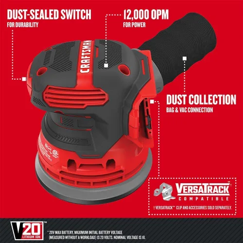 Vista 18 de CRAFTSMAN Lijadora orbital V20, inalámbrica, 12.000 OPM, solo herramienta desnuda (CMCW220B)