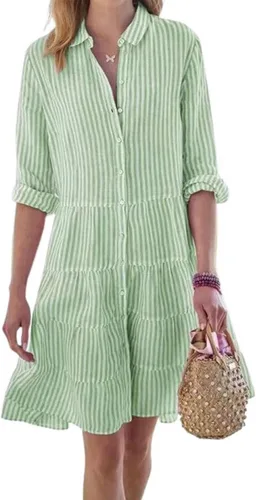 Vista 11 de utcoco Vestido camisero a rayas con botones para mujer, casual, holgado, con puños, manga larga, vestidos largos Azul