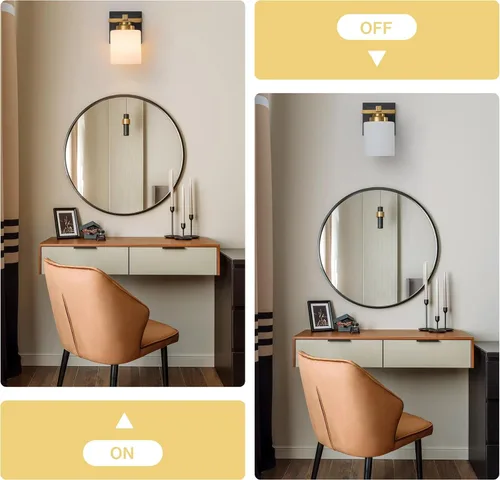 Vista 7 de 1 Luminaria Moderna de Baño sobre Espejo, Luces de Tocador Negro Dorado para Apliques de Pared de Baño con Pantallas de Vidrio Blanco Lechoso