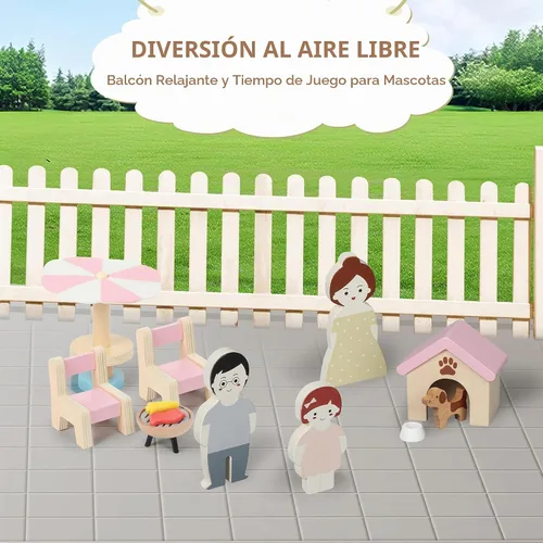 Vista 6 de Juego de muebles de madera para casa de muñecas Pithfor, accesorios y muebles para casa de muñecas, con 7 habitaciones, 3 muñecas, incluye juego