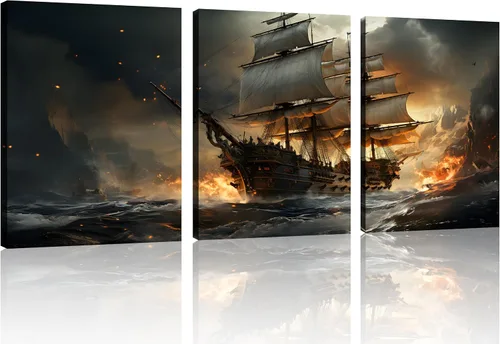 Vista 34 de TutuBeer 3 Piezas Arte de Pared Batalla Naval Barco Imagen Barco Pirata Velero Póster Barco Pirata Azul en Llamas Imagen Impresa en Lienzo Póster