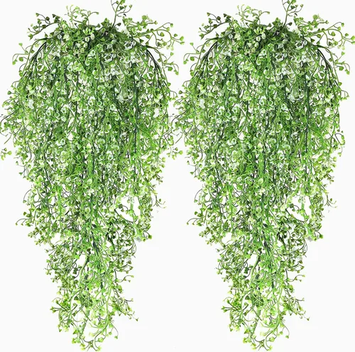 Vista 10 de Toprooms Plantas falsas colgantes, 4 piezas de hojas de eucalipto sintéticas, plantas de vid verdes, plantas de hiedra falsa, decoración
