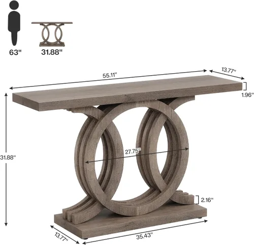 Vista 2 de Tribesigns Mesa consola de 55 pulgadas con base de madera geométrica, mesa de entrada moderna con mesa gruesa para sala de estar, pasillo, Marrón