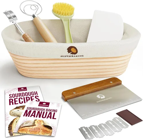 Vista 9 de Juego de cestas para fermentación de pan Superbaking Banneton de 2, cestas redondas de 22.86 cm de ratán sin astillas con forros, kit de inicio