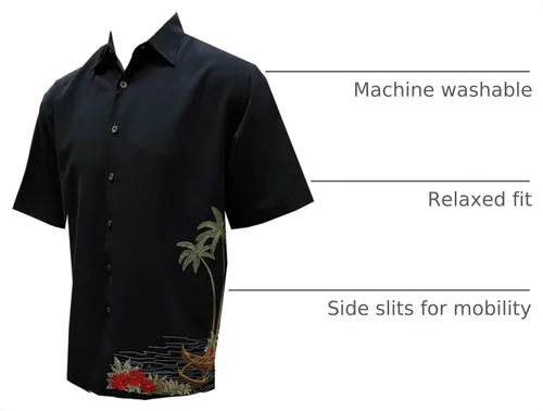 Vista 4 de Bamboo Cay Camisa de campamento tropical con botones bordados y manga corta para hombre Dancing Hula Negro