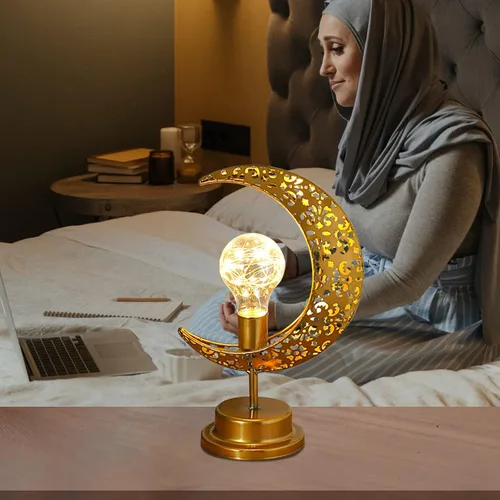 Vista 4 de NFNSIG Lámpara de mesa vintage de luna y estrella, lámpara de escritorio Ramadán con marco de metal, mosaico alimentado por pilas, media luna