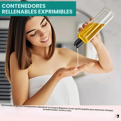 Vista 6 de 3 botellas de viaje recargables de plástico transparente de 16 onzas con tapas superiores de disco negro Squeeze Empty Shampoo Bottles, For