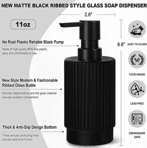 Vista 3 de VIMERPA Dispensador de Jabón Negro, Dispensadores de Jabón de Manos de 11 fl oz para Baño, Dispensador de Jabón de Platos de Vidrio Acanalado Negro
