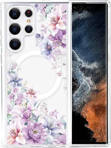 Vista 19 de Funda magnética para Samsung Galaxy S22 Ultra Flower, compatible con MagSafe, patrón floral transparente a prueba de golpes, parte trasera