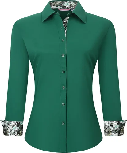 Vista 12 de WARHORSEE Blusas de vestir de manga larga con botones de algodón para mujer, blusas de trabajo elegantes de fácil cuidado, blusas casuales