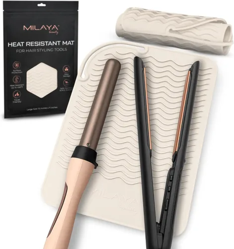 Vista 10 de Milaya Beauty Accesorios de Tocador Alfombrilla Resistente al Calor – Soporte de Silicona para Plancha de Pelo y Rizador, Alfombrilla de Tocador