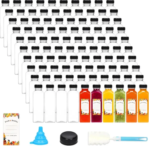 Vista 9 de Moretoes - 144 unidades de botellas de chupito de plástico de 4 onzas con tapas, botellas reutilizables para shots de jengibre, recipientes de jugo