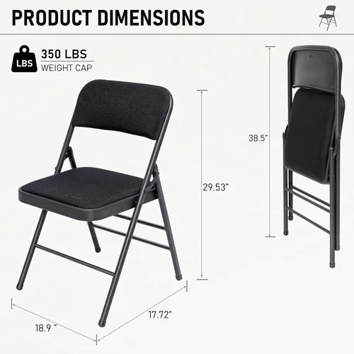 Vista 3 de Paquete de 4 sillas plegables negras con cojín acolchado de tela, juego de sillas de comedor de tela, sillas plegables apilables portátiles