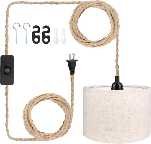 Vista 10 de Kit de luces colgantes de 16.5 pies, luces colgantes con cable de enchufe e interruptor, lámpara colgante de cuerda de cáñamo E26, cable de linterna