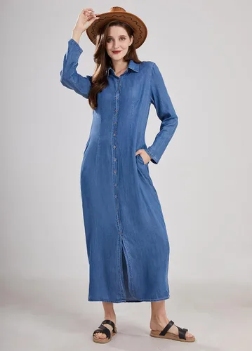 Vista 7 de utcoco Vestido largo casual de mezclilla con botones para mujer, con solapa, manga larga, con bolsillos