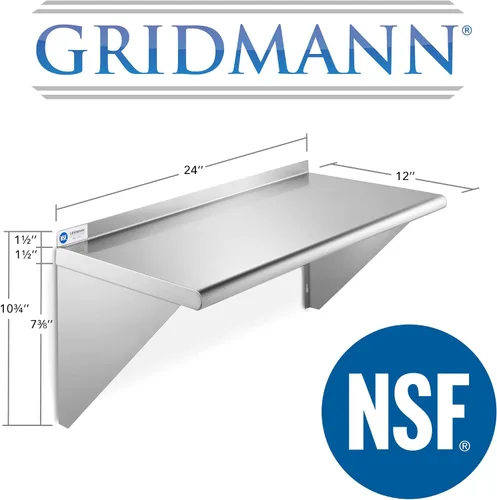 Vista 3 de GRIDMANN Estante de montaje en pared de acero inoxidable de 12 x 24 pulgadas con protector contra salpicaduras, grado comercial, estantería