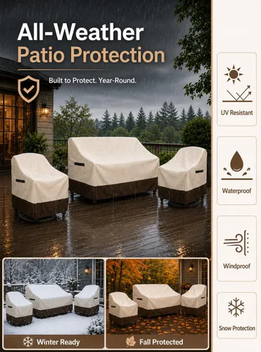 Vista 7 de Juego de fundas para muebles de patio de 3 piezas, 2 fundas para sillas de patio de 33 pulgadas y 1 funda de sofá de 3 plazas de 79 pulgadas