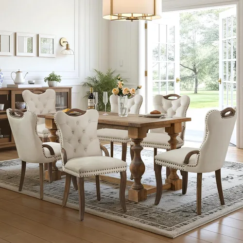 Vista 129 de SoarFlash Juego de 2 sillas de comedor de terciopelo, silla lateral de respaldo alto, silla lateral moderna tapizada de alta gama con botones Beige