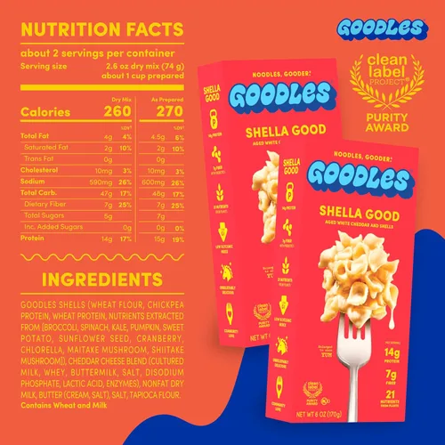 Vista 2 de Goodles Shella Good Pasta de Conchas y Queso Cheddar Blanco Envejecido – Repleta de Nutrientes con Queso Real, Fibra, Proteína, Prebióticos, Plantas
