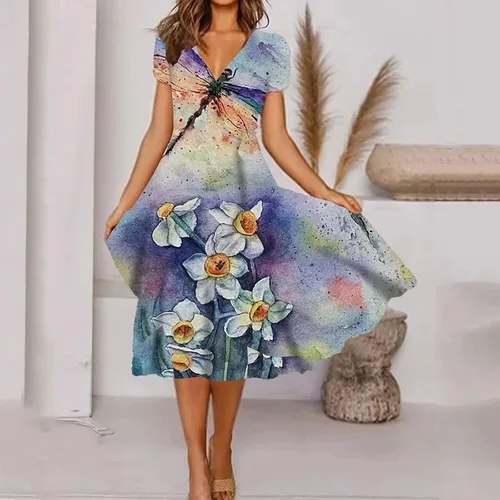 Vista 3 de QFVZHY Vestidos de verano 2023 para mujer, casual, a la moda, estampado floral, manga corta, cuello en V, vestidos con vuelo, tallas S-2XL