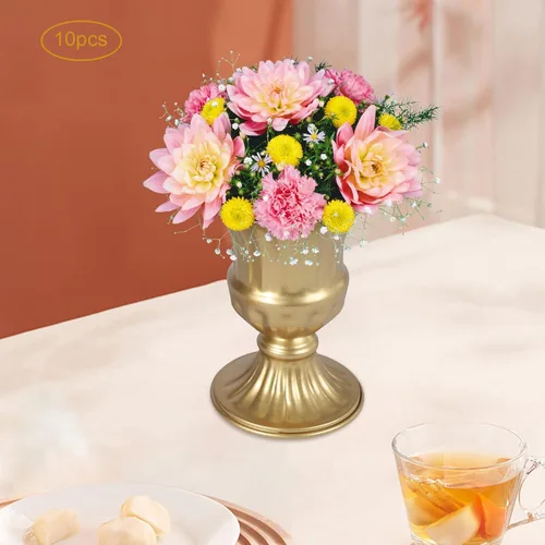 Vista 6 de 10 jarrones de trompeta de metal dorado, elegantes centros de mesa de boda, arreglos florales artificiales altos para decoración de bodas, ceremonia