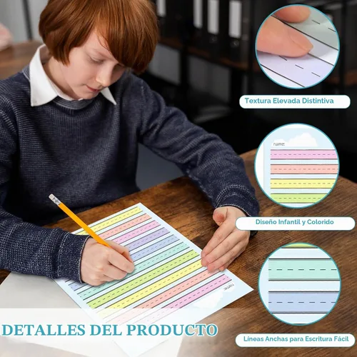 Vista 3 de 50 hojas de papel de línea elevada multicolor para práctica de escritura, papel de escritura de jardín de infantes de regla ancha, doble cara