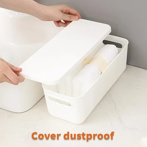 Vista 4 de Yishyfier Cestas de Almacenamiento de Plástico con Tapa Contenedor Organizador Cestas Organizadoras de Almacenamiento Tejidas Blancas con Tapa