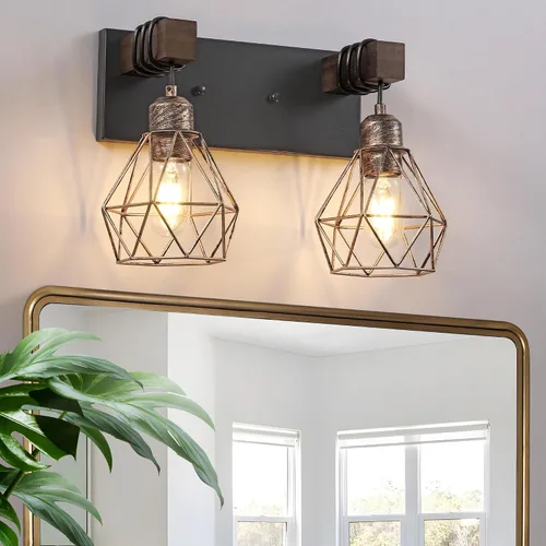 Vista 18 de Lámparas blancas para tocador de baño, luminarias de baño de madera de 2 luces sobre el espejo, apliques rústicos de pared con elegante pantalla