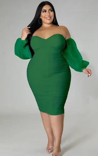 Vista 2 de Vestido de cóctel para mujer, talla grande, con hombros descubiertos, manga larga, entallado, fruncido, para fiesta, cóctel