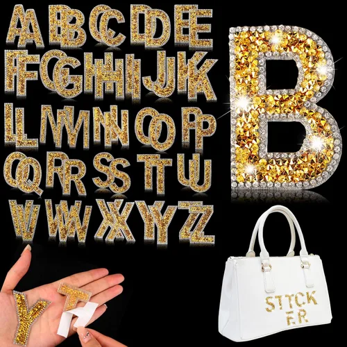 Vista 11 de Yinder 26 piezas de pegatinas de letras con purpurina y diamantes de imitación, diamantes de imitación para planchar, letras autoadhesivas A-Z Negro