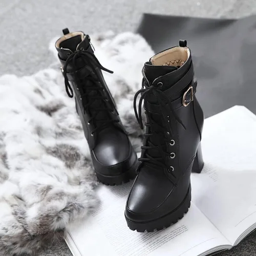 Vista 7 de MIOKE Botines de tacón alto con plataforma y puntera redonda para mujer, con cordones, cremallera y tacón alto grueso, botines cortos Forro