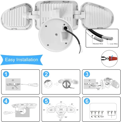Vista 8 de MEIKEE Luces LED de seguridad de 42 W, luz con sensor de movimiento, luz de inundación al aire libre, 3600LM 6500K IP66 impermeable, 3 cabezales