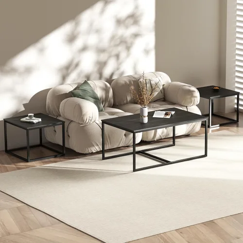 Vista 5 de Mesas de centro anidables, mesa de centro de 3 piezas, mesa auxiliar rectangular industrial, mesas auxiliares para sala de estar y dormitorio (negro)