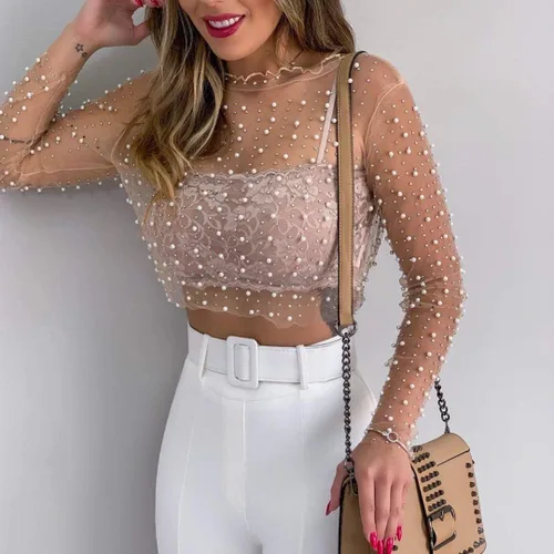 Vista 4 de Blusa de malla de manga larga transparente con diamantes de imitación y cuentas para mujer