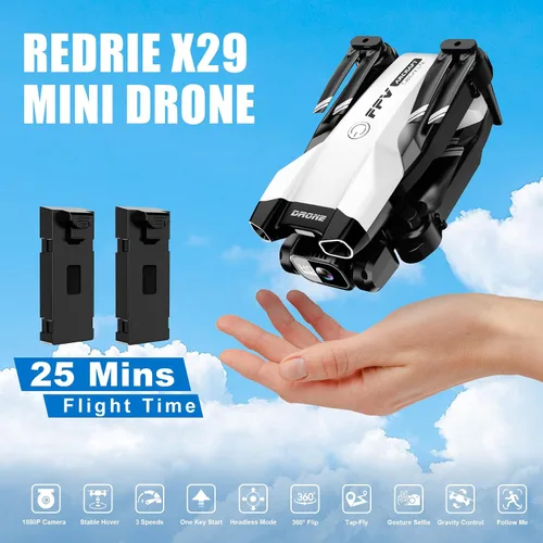 Vista 5 de Mini dron 1080P con cámara, dron para principiantes con luz, transmisión WiFi, inicio de una tecla, gestos selfie, waypoint fly, giro 3D, modo sin
