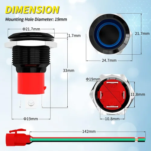 Vista 2 de Joinfworld Interruptor de botón pulsador de 20 A de 12 V con pestillo de 0.748 in con interruptor de encendido y apagado impermeable LED azul de 12